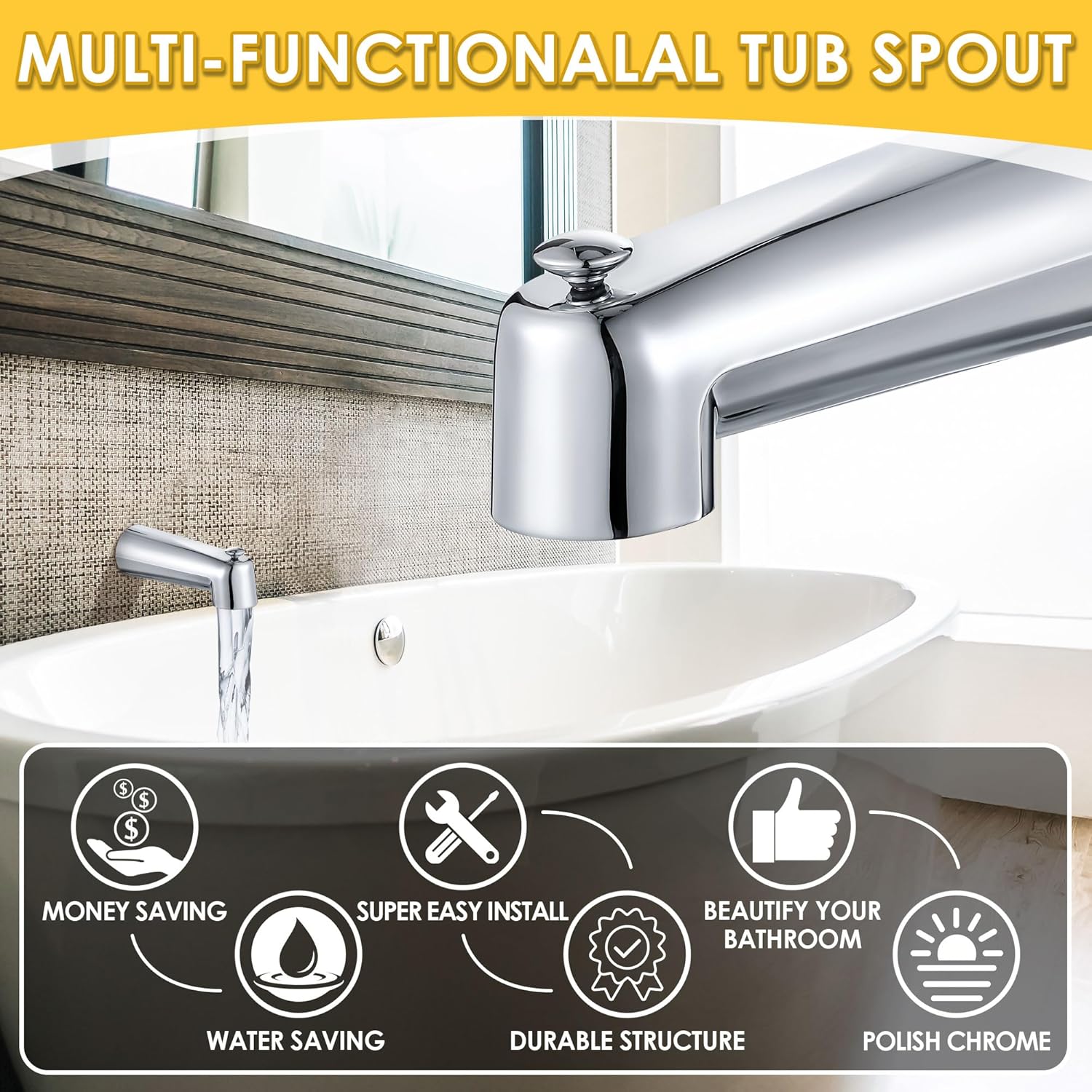 Enhon 7 Inch Slip on Tub Spout with Diverter, Compatible with Moen 3839/Moen 3853, Bathtub Diverter Spout Fits 1/2" Copper Water Tube(5/8" Diameter), 5/32" Hex Wrench (Polished Chrome,Classic)