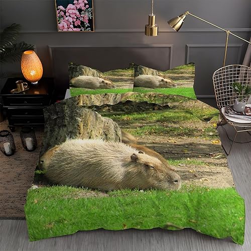 Brown Capybara Duvet Cover Full Animal Print Bedding Sets Full Soft Microfiber Comforter Cover and 2 Pillow Shams 20"X26", Bed Set Duvet Covers with