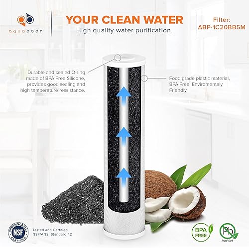 Miniatura 5 de Aquaboon Cartucho de filtro de agua de cáscara de coco prémium  Bloque de carbón activado CTO  Cartucho de ajuste universal para toda la casa de 5