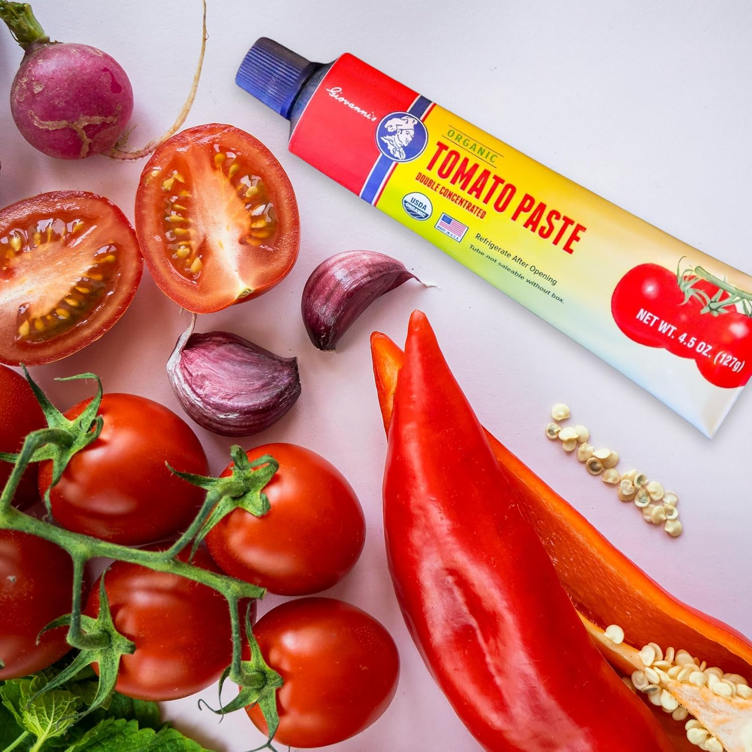 Giovanni’s Organic Double Concentrated Tomato Paste – 12-Pack Case (4.5 oz Tubes) | Made in the USA with San Joaquin Valley Vine-Ripened Tomatoes, Non-GMO, No Additives, Bulk Pantry Staple