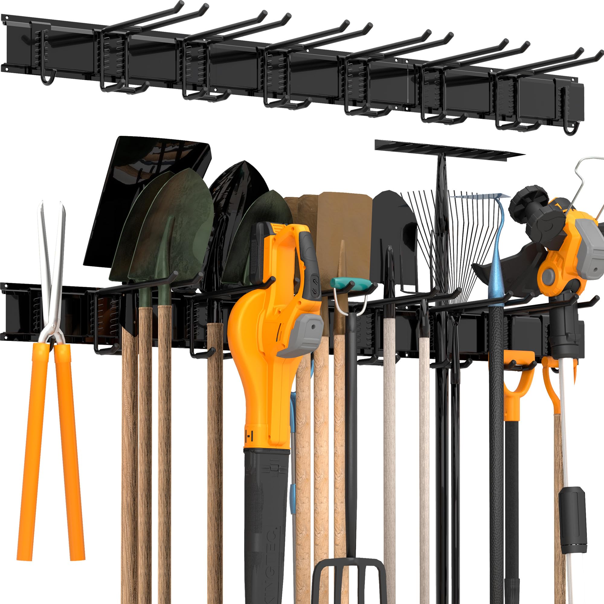 Sttoraboks Werkzeug-Wandregal, verstellbar Wandhalterungen für Garage und Garten mit 8 Haken & 3 Schienen, Hochbelastbares Werkzeugregal bis 204kg, für Garage, Garten, Ski, Besen, Rechen