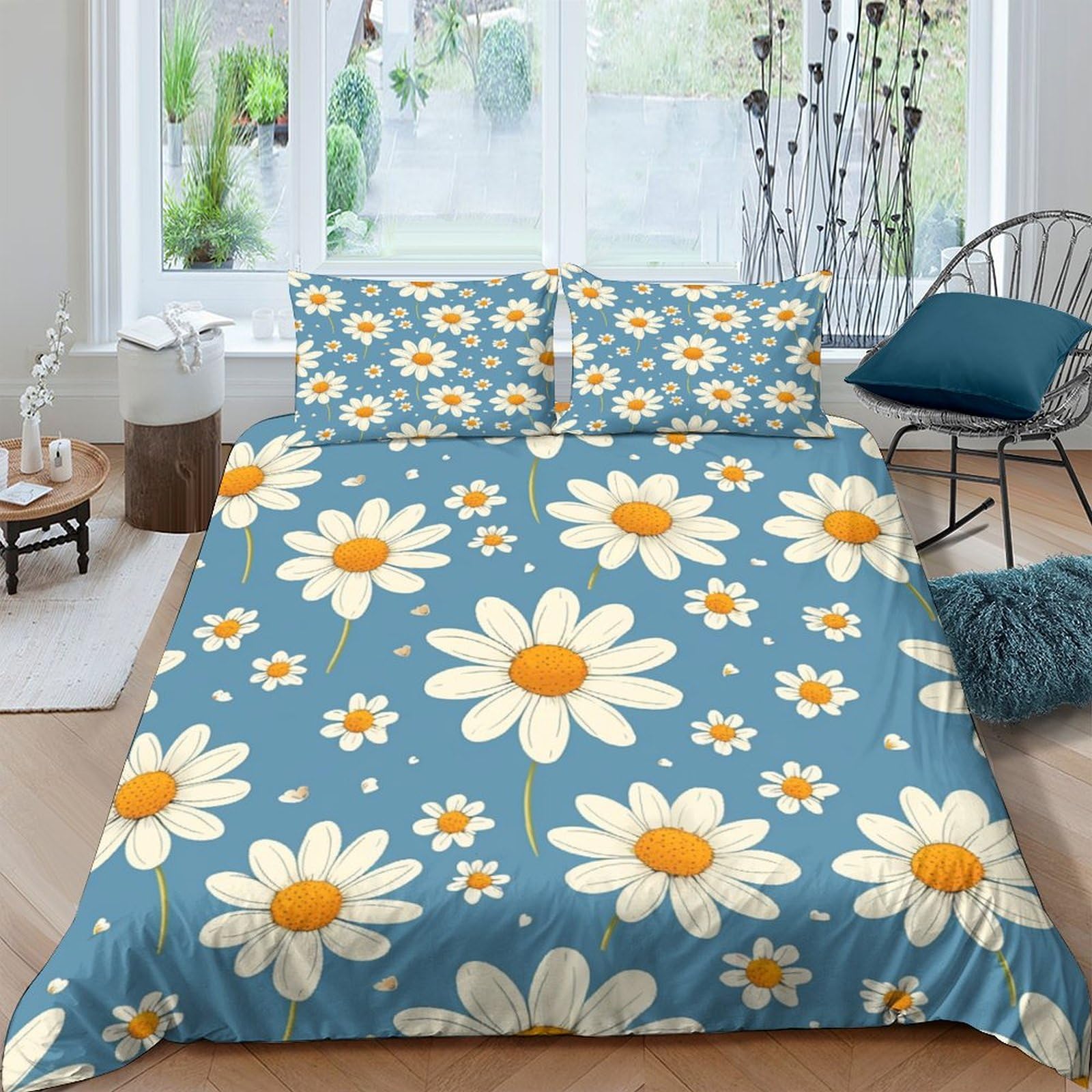 Housse de couette marguerites 220x240 cm parure de lit fleurs king en microfibre 3 pièces