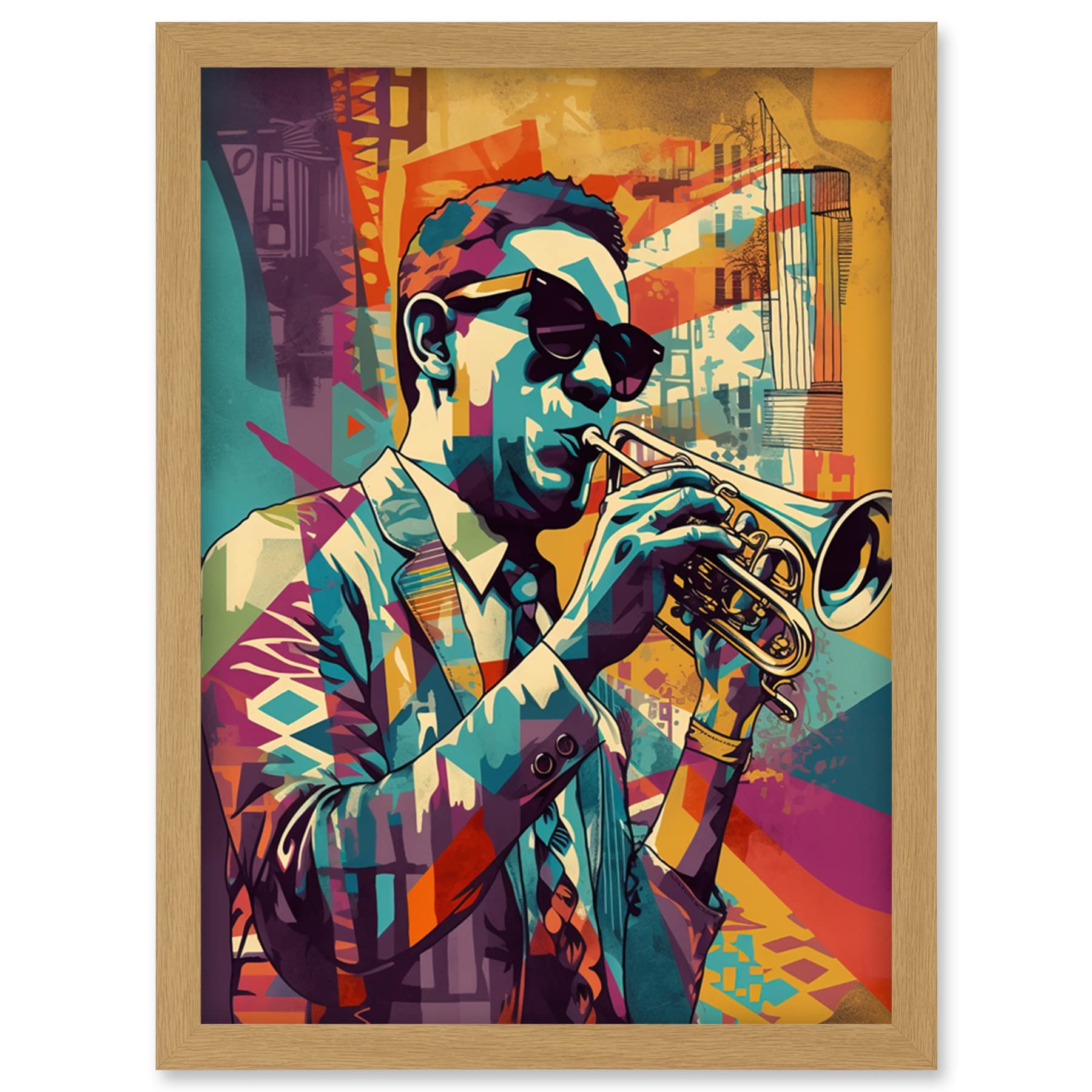 Artery8 Trumpet Player Jazz Musician with Sunglasses Modern Colour Linocut Print Artwork Framed Wall Art Print A4