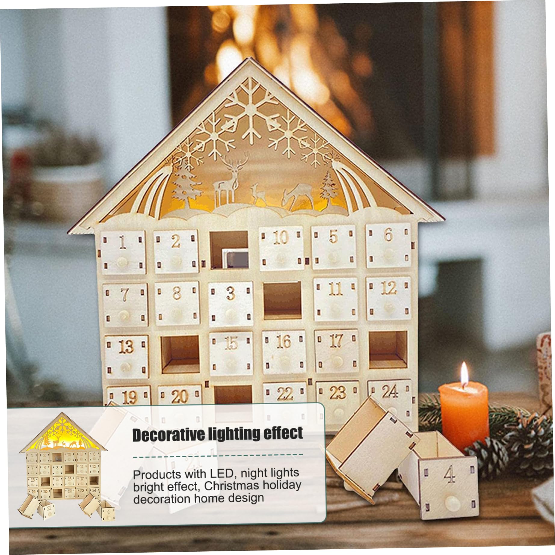 Calendario de Adviento de Madera con 24 cajones 10x3x12 Cuenta atrás vacía Calendario de Adviento navideño LED Regalos para decoración navideña (sin batería)