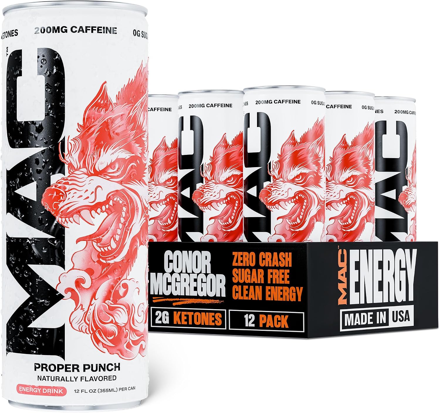 MAC Energy Proper Punch Energy Drink, 12 oz Cans, 12 Pack - Sugar Free Energy Drinks, 200mg Caffeine, Clean Energy from Ketones, Low Calorie, Naturally Flavored, Carbonated
