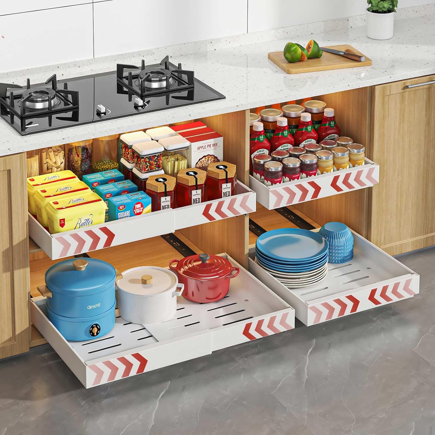 Pull Out Cabinet Organizer, 2PCS 16.5"Deep Expandable Heavy Duty Pull Out Drawers for Cabinets Fixed with Adhesive Film, Peel Stick Slide Out Drawers for Kitchen Pantry Bathroom, No Screw (White)