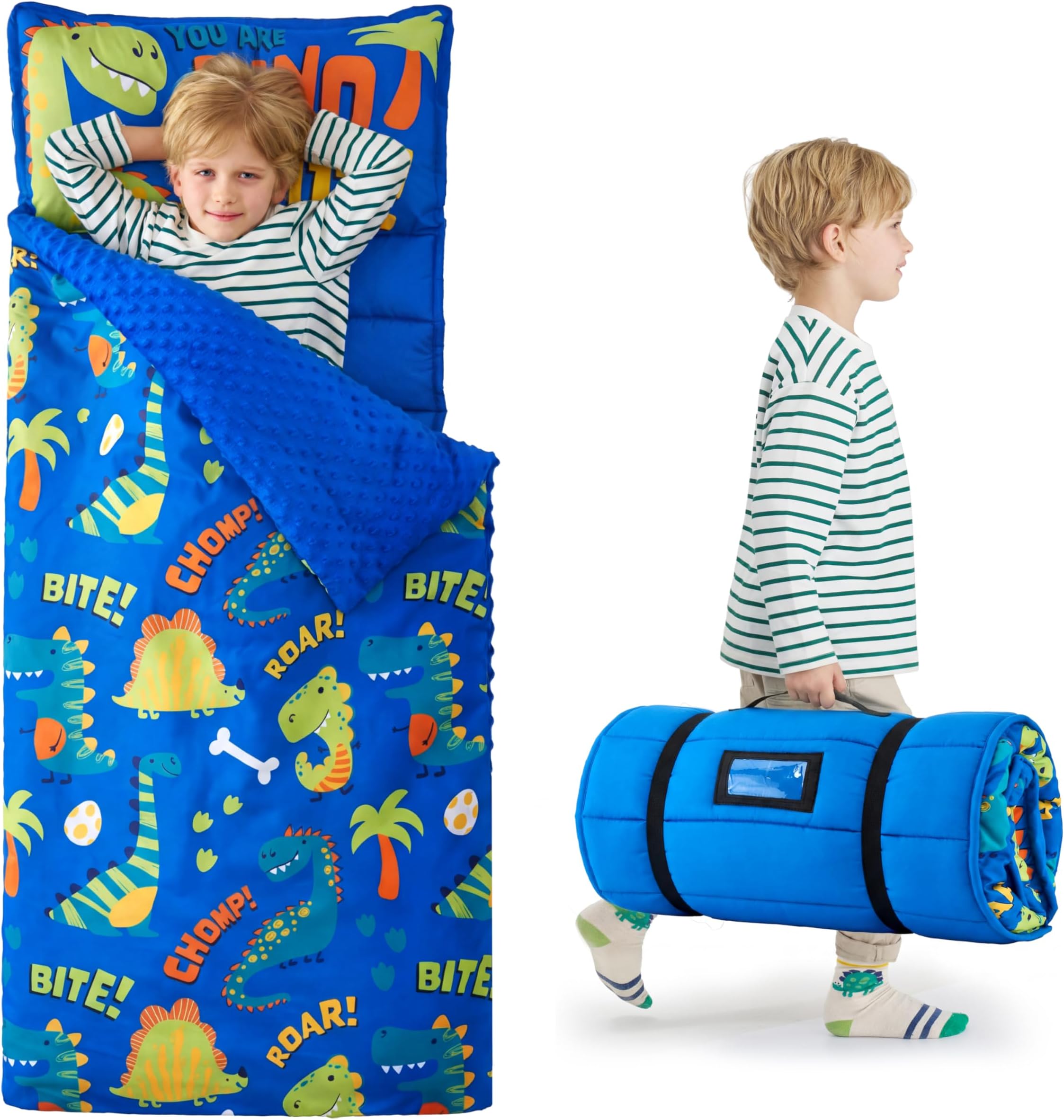 Toddler Sleeping Bag for Kids 55''x30'' Nap Mat with Removable Pillow and Minky Blanket for Toddler Ages 3-7 Roll Up Soft Kids Sleeping Bag for Boys Girls Kindergarten Daycare Sleepover