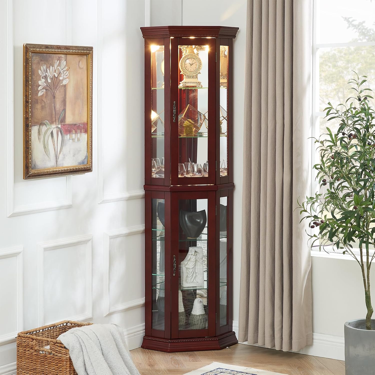 Corner Curio Cabinet with Lights, Adjustable Tempered Glass Shelves, Mirrored Back, Display Cabinet,Cherry (E27 Light Bulb not Included)