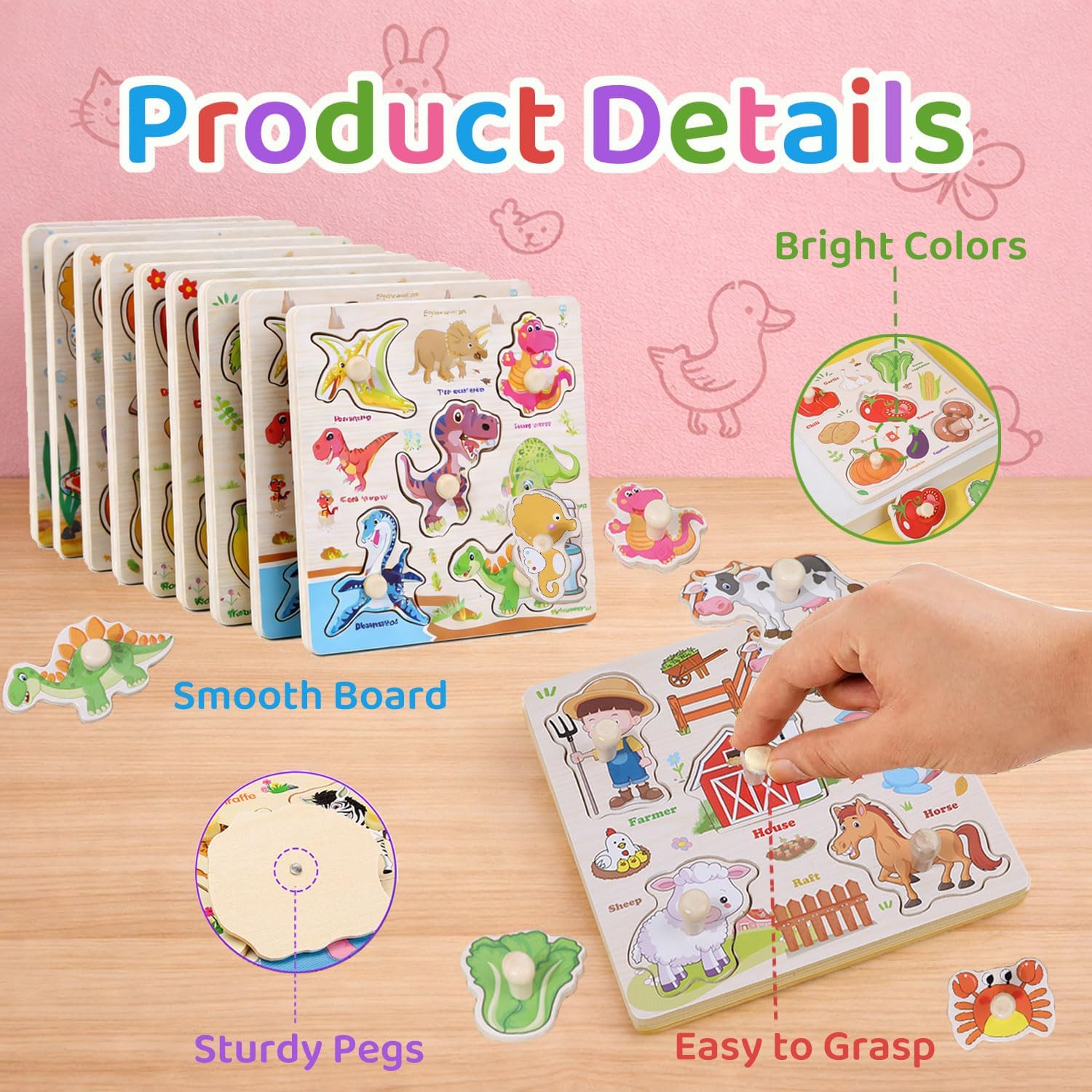 Wooden Puzzles for Toddlers 1-3, 8 Pack Peg Puzzles for Kids with Animals, Dinosaurs, Fruits, Vegetables, Educational Preschool Learning Toys, Birthday Gifts for Boys, Girls