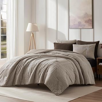 Wonderful Khaki Comforter Set Queen Size Bedding Set Cotton Yarn-Dye Weaved, Luxury Textured Jacquard, Hotel Style Geometric Raw Edge Sticker Lightweight Comforter with Pillowshams for All Season