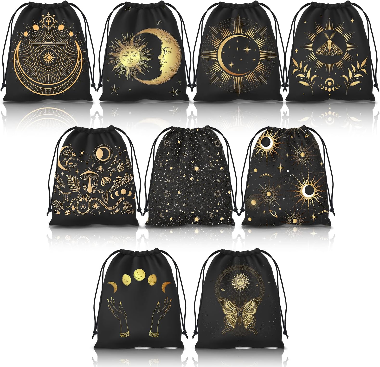 9PCS Tarot Bags Velvet Storage Pouches with Drawstrings, Black and Gold, 7.1 x 6.3 Inches
