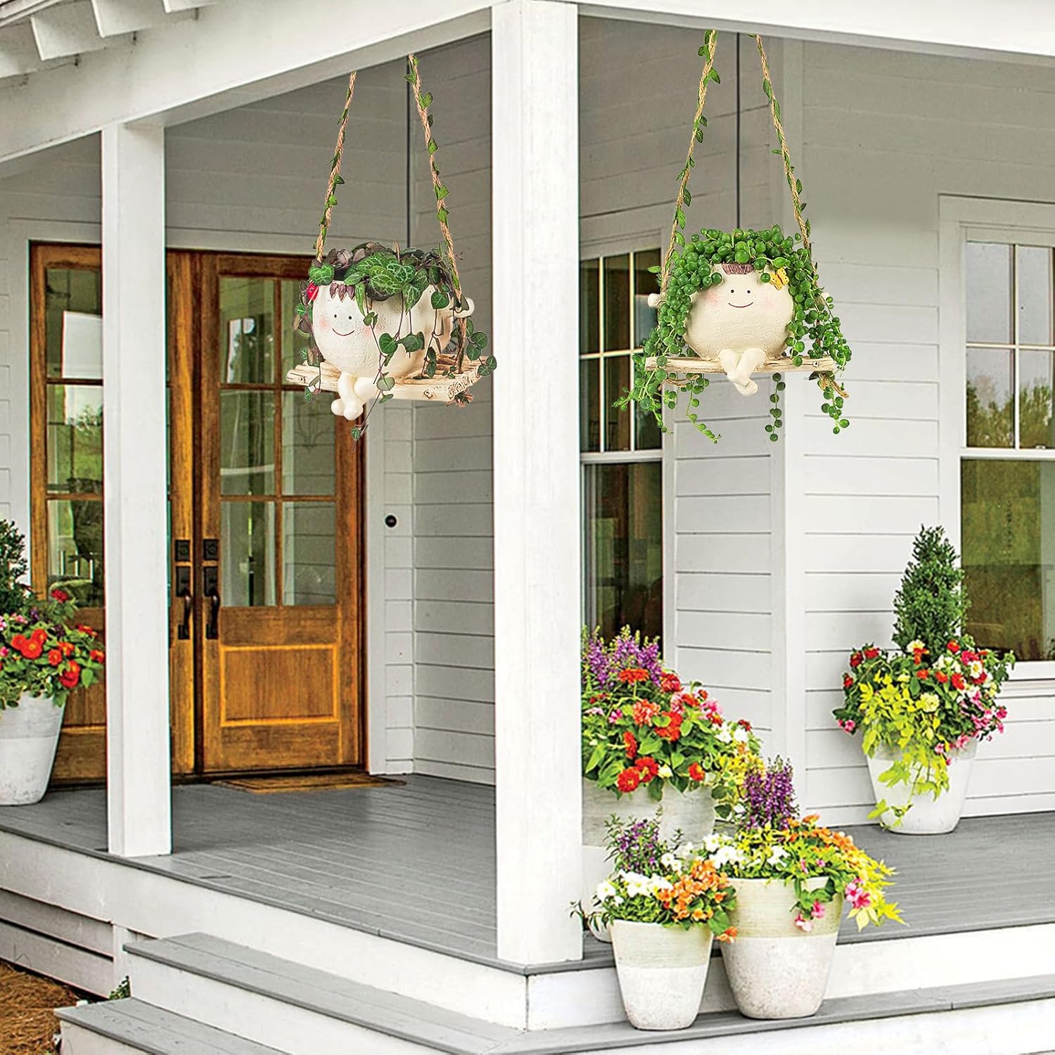 Swing Face Planter Pot with Drainage Holes, Cute Succulent Hanging Planter for Indoor Outdoor Plants