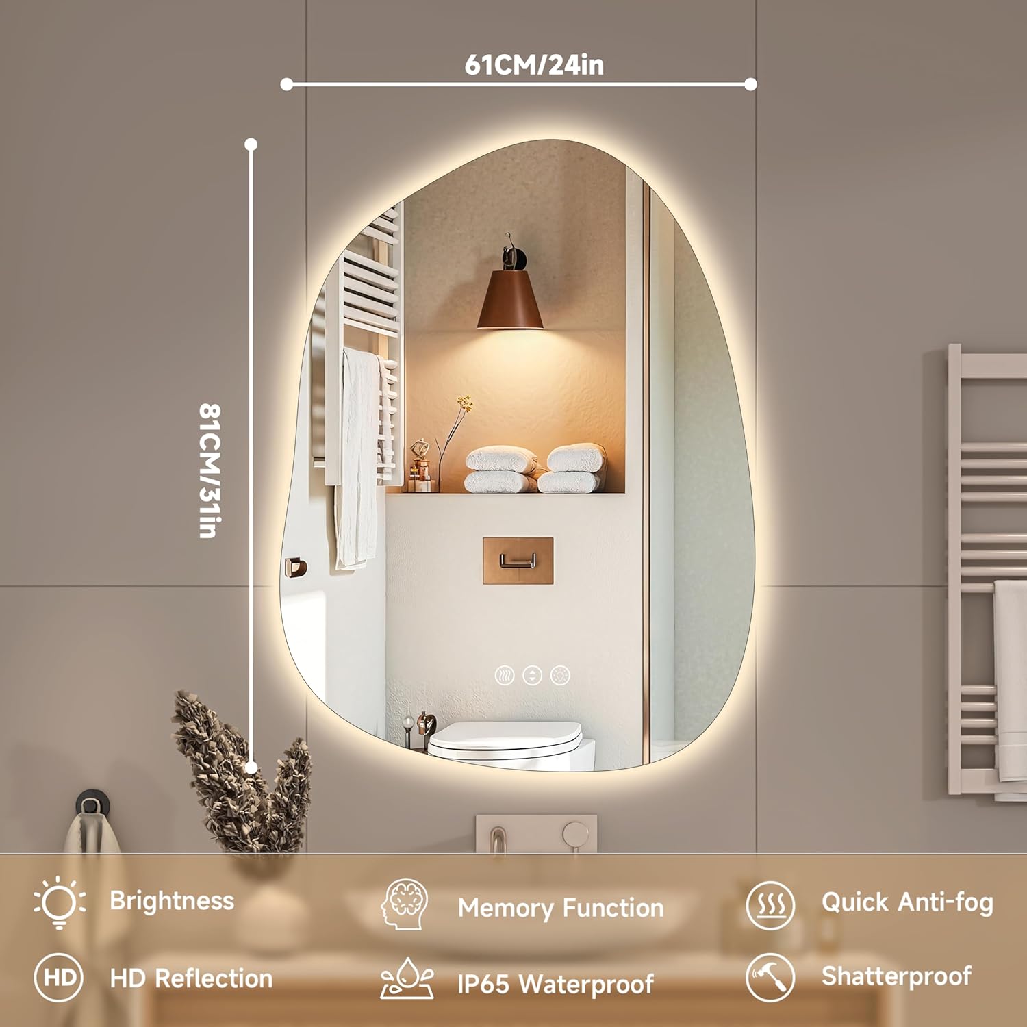 Hasipu Irregular Wall Mirror with Lights- 31"x24" Large Vanity Mirror with Anti-Fog, 3 Color Modes,Dimmable Light, Memory Function, Backlit Wall Mount, Horizontal/Vertical