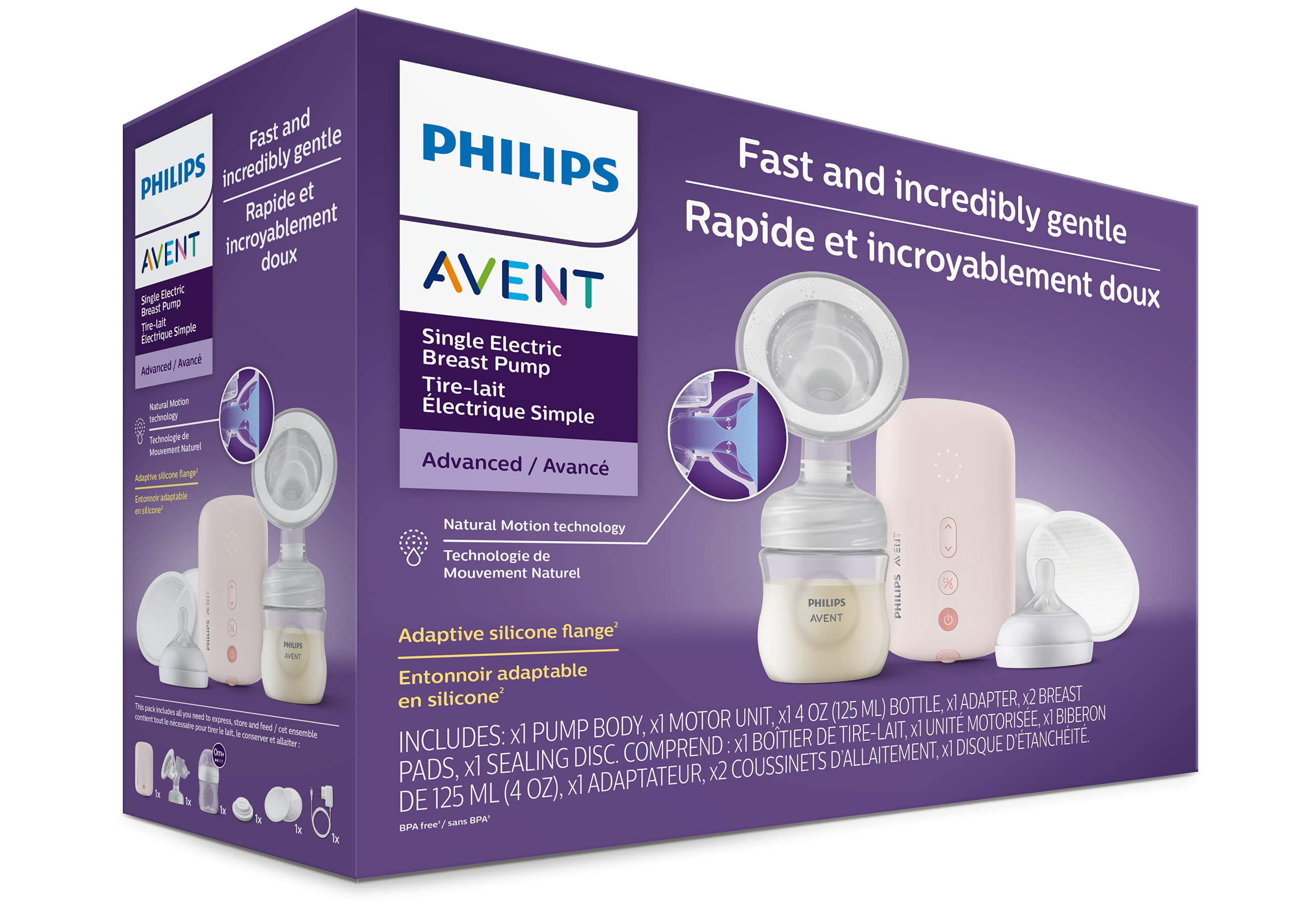Philips AVENT SCF391/62 Extractor de leche eléctrico único avanzado con tecnología de movimiento natural, rosa claro, botella transparente
