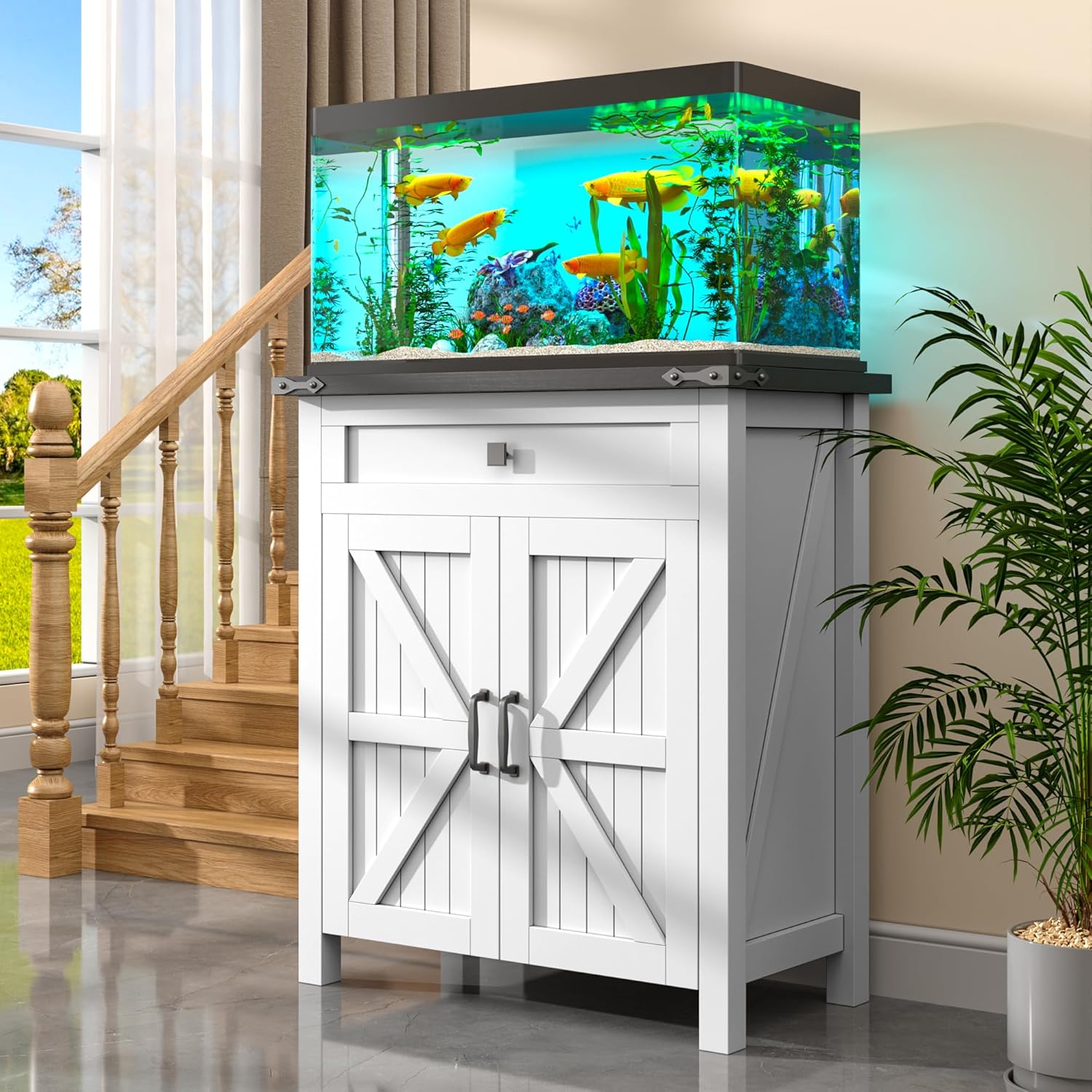 kepptory 20 Gallon Fish Tank Stand with Power Outlets, Farmhouse Decorative Aquarium Stand Furniture with Adjustable Shelves and Storage Cabinet, 10 Reptile Turtle Tank Stand (White, 20GL)