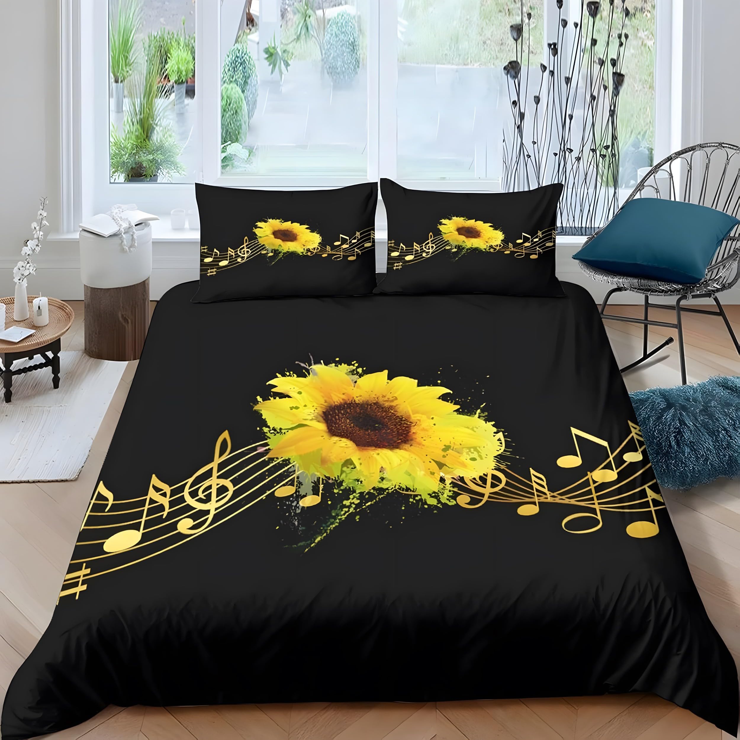 YZQGLHP Sunflowers Double Duvet Cover Piano Sunflowers Bedding Double Bed Set with Zipper Lightweight Microfibre Quilt Cover with 2 Pillowcases 50x75cm
