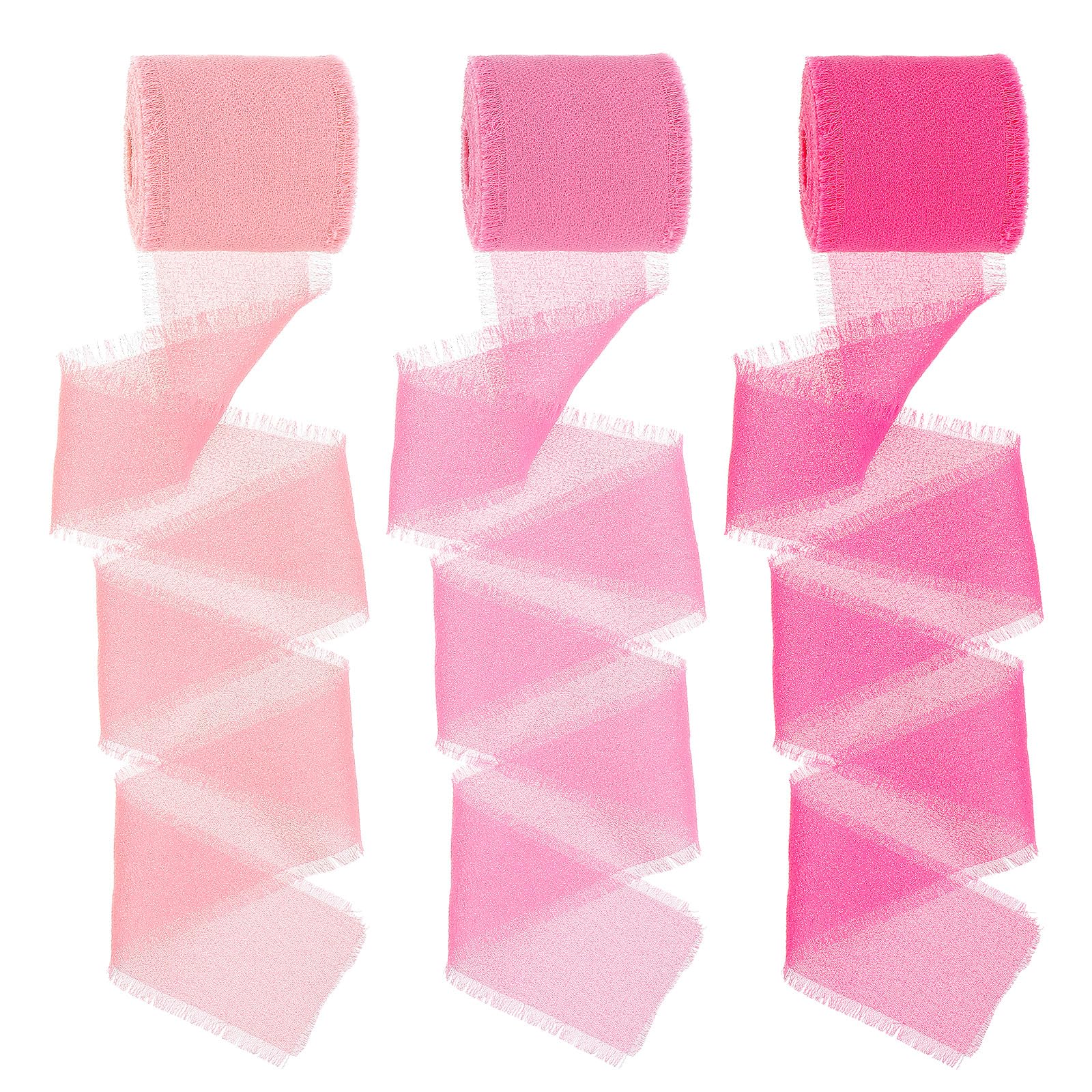3 Rolls Chiffon Ribbon, 1.5 Inch× 5.5 Yards Hot Pink Chiffon Ribbon Handmade Fringe Silk Chiffon Ribbons for Wedding Invitations, Bridal Bouquets, Gift Wrapping, Holiday Decoration, DIY Crafts