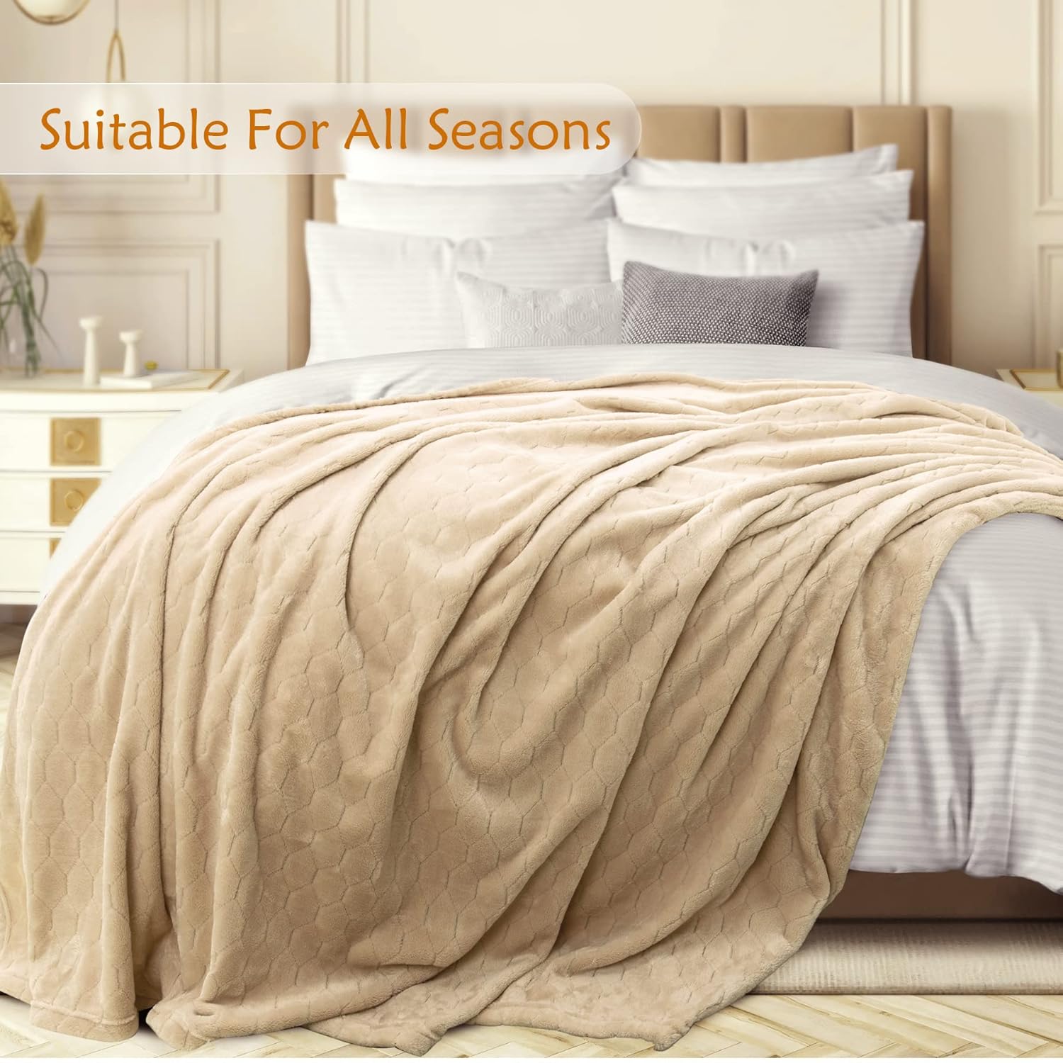 TOONOW Fleece Blanket Super Soft Cozy Throw Blanket 50" x 60", Lightweight Fuzzy Comfy Textured Flannel Blanket Warm Plush Throw Blankets for Couch, Sofa, Bed, Apricot - Image 3