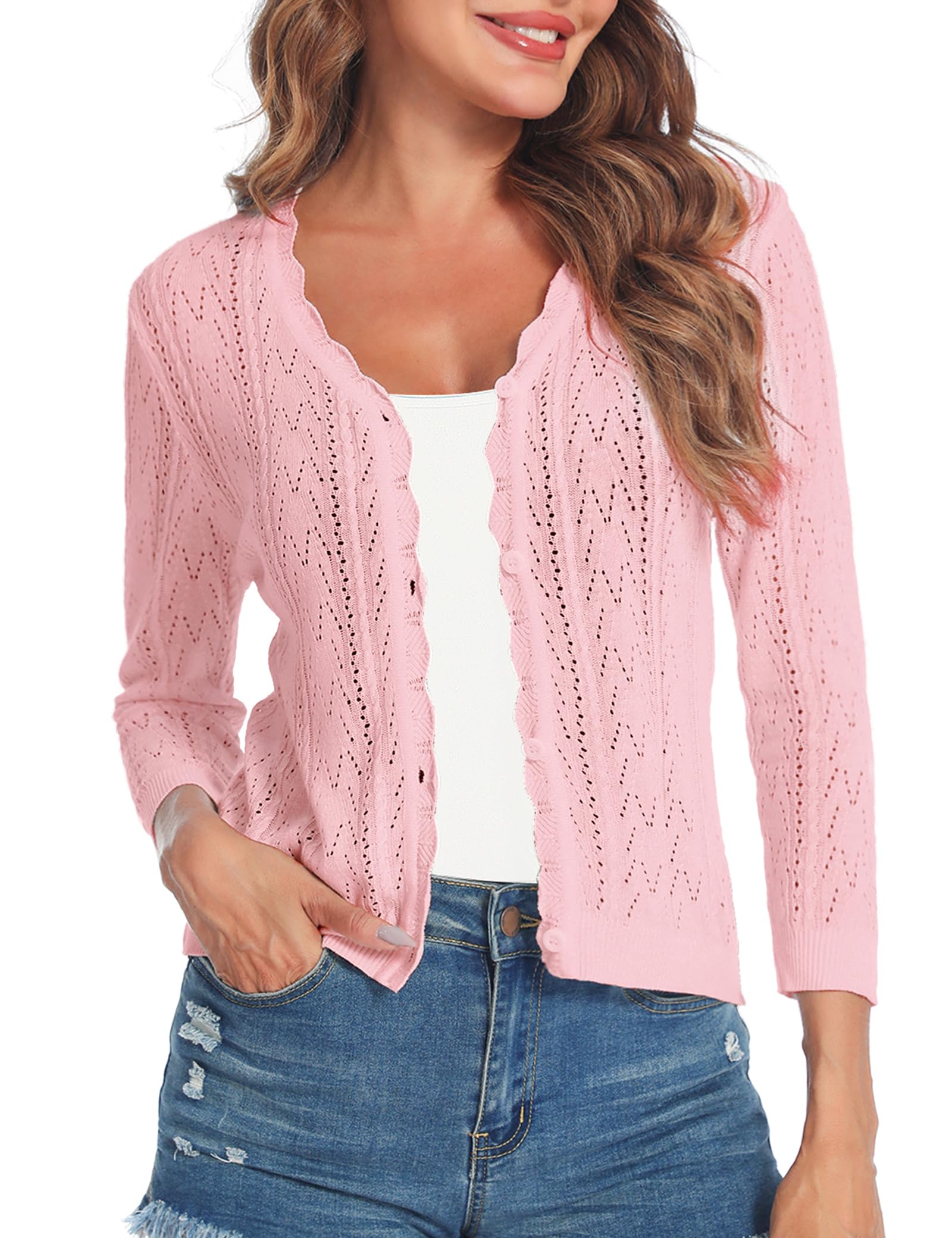 Gyabnw Damen Strickjacke 3/4 Ärmel Bolerojacke Casual Einfarbig Cardigan Freizeit Sommerjacke Outerwear