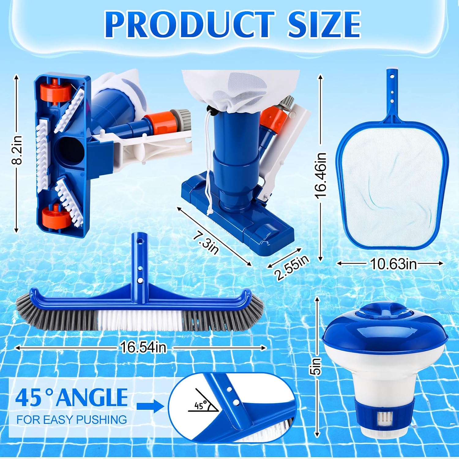 Potchen 4 Pcs Pool Cleaning Kit for Above Ground, Includes Vacuum Head, Brush Head, Mesh Skimmer Net and Pool Chlorine Floater, Perfect for Spa Hot Tub Walls Floors Maintenance(Spa Jet)