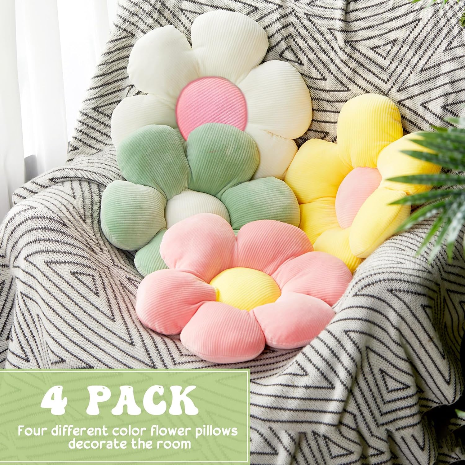 Reginary 4 Pcs Flower Floor Pillows Cute Plush Flower Throw Pillows Daisy Floor Seat Cushion Chair Pads for Back to School First Day of School for Sofa Couch Bed Decor(15 Inch,Light Color)