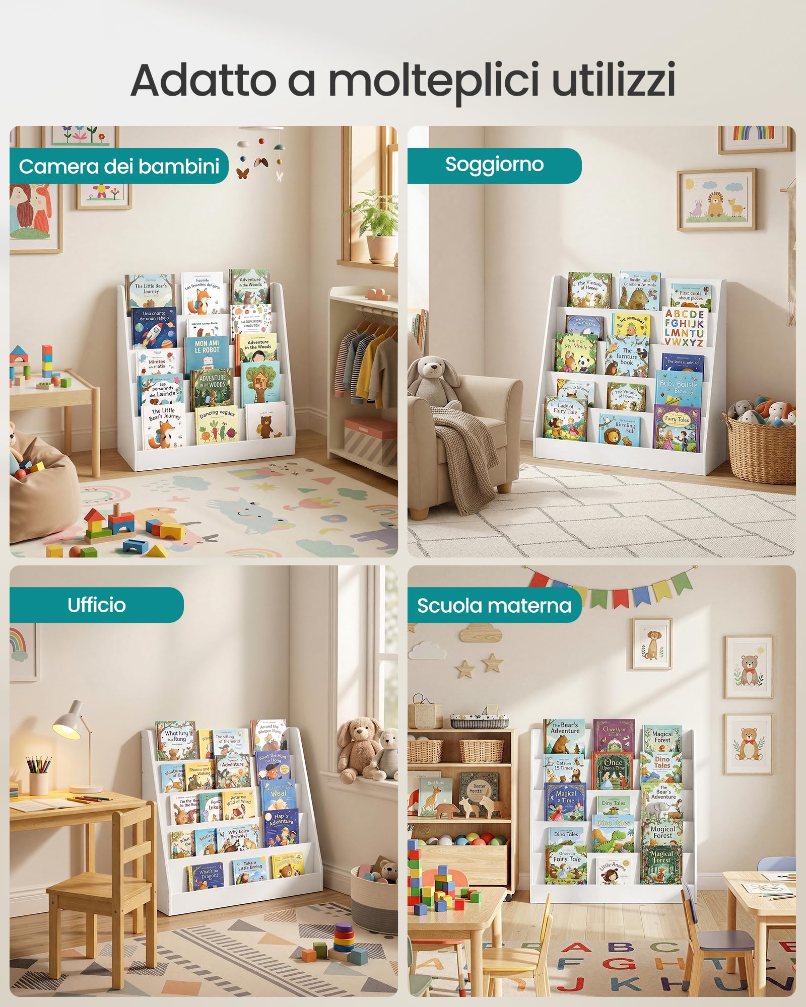 SONGMICS Libreria per Bambini, Libreria Montessoriana a 5 Ripiani, Scaffale per Libri Illustrati, Cameretta, Angolo Lettura, 30 x 80 x 80 cm, Bianco Nuvola GKR076WZ01