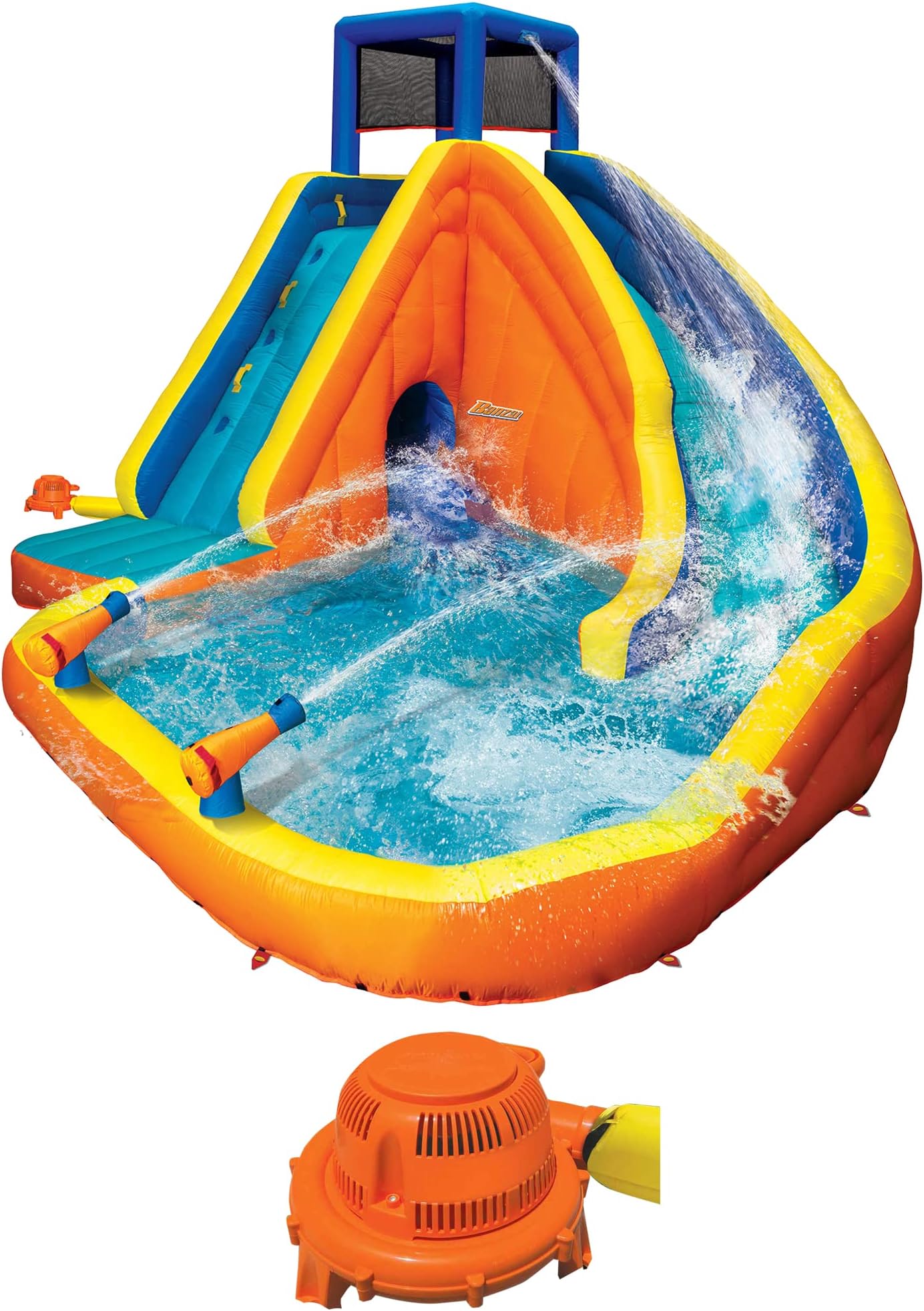 BANZAI Sidewinder Blast Water Park, Length: 15 ft, Width: 16 ft 10 in, Height: 10 ft 5 in, Inflatable Outdoor Backyard Water Slide Splash Bounce Climbing Toy, Multi