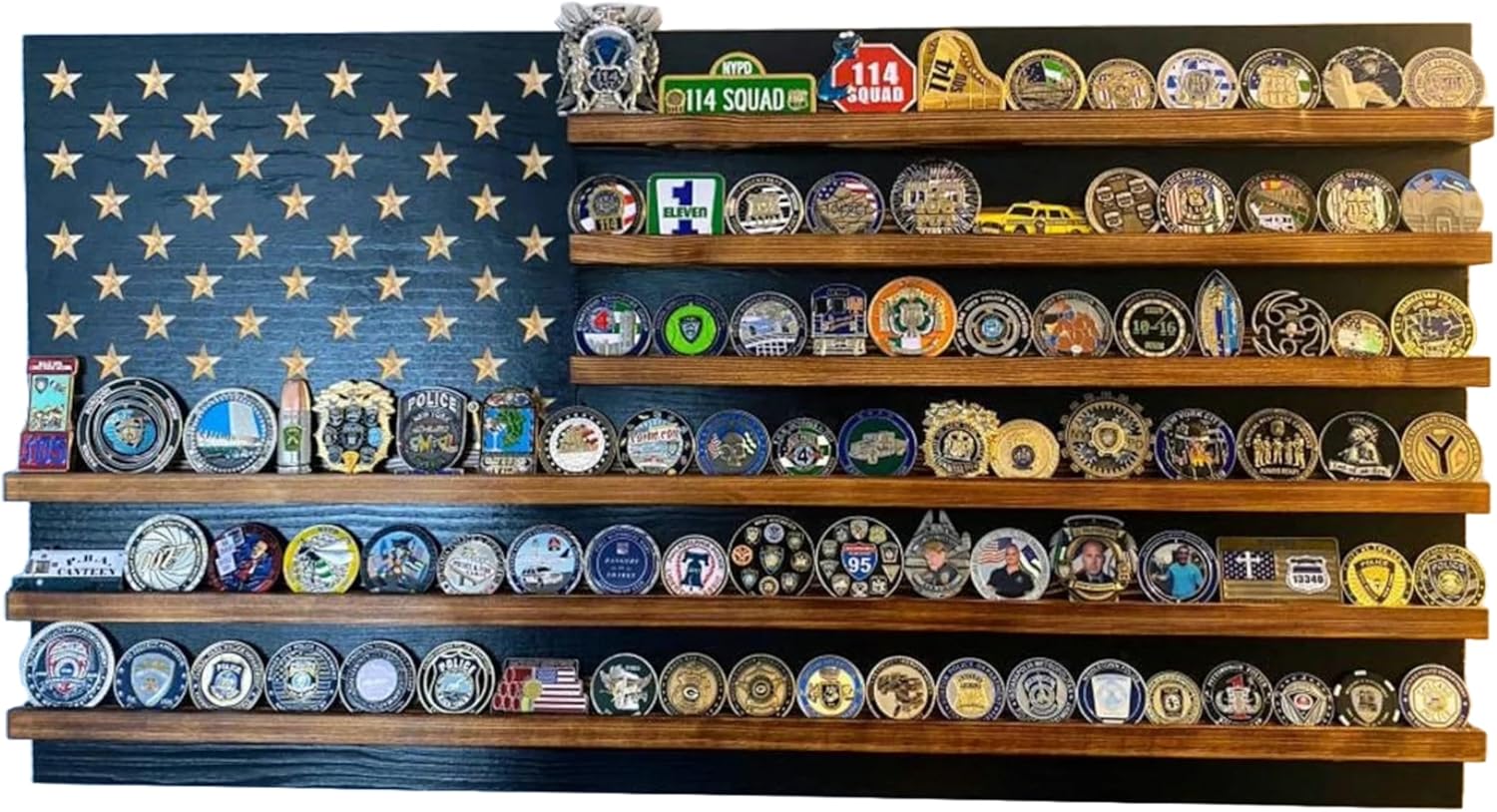 Subdued American Flag Challenge Coin Holder Display, Wooden Shelves hold 90-100 Coins, for Military, Police, Law Enforcement, First Responders, Custom Handmade Quality, Made in Texas