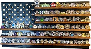 Subdued American Flag Challenge Coin Holder Display, Wooden Shelves hold 90-100 Coins, for Military, Police, Law Enforcement, First Responders, Custom Handmade High Quality, Made in Texas