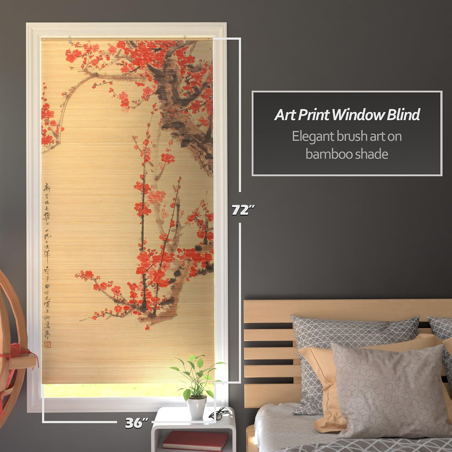 Red Lantern Bamboo Window Shade Blind - Cherry Blossom 36" Wide