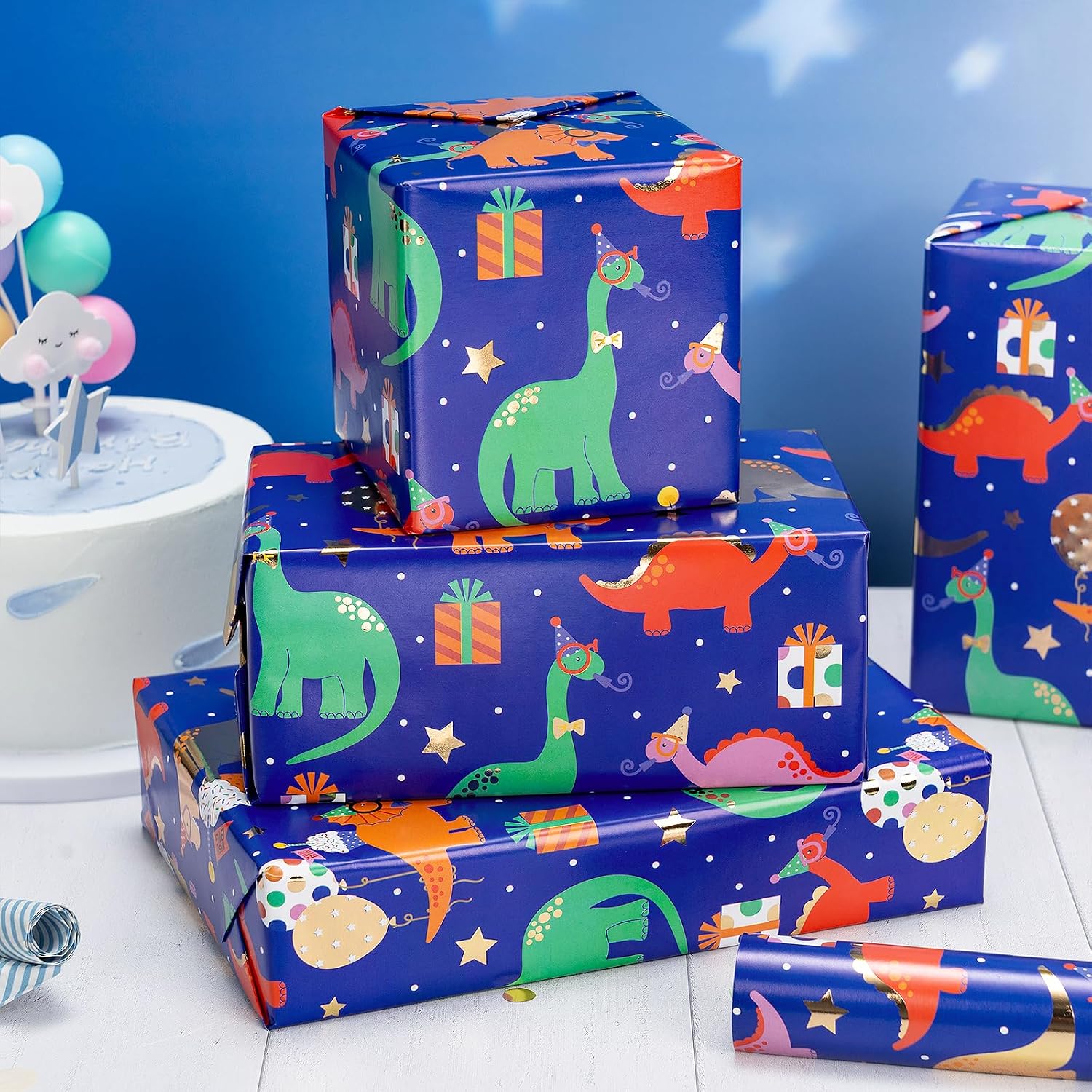 RUSPEPA Dinosaur Birthday Wrapping Paper Roll, Mini Roll, Gold Foil Colorful Party Dinosaur Design, Navy Blue Gift Wrap Paper for Boys, Kids Birthday Party, Baby Shower, 17 Inches x 9.8 Feet image 4