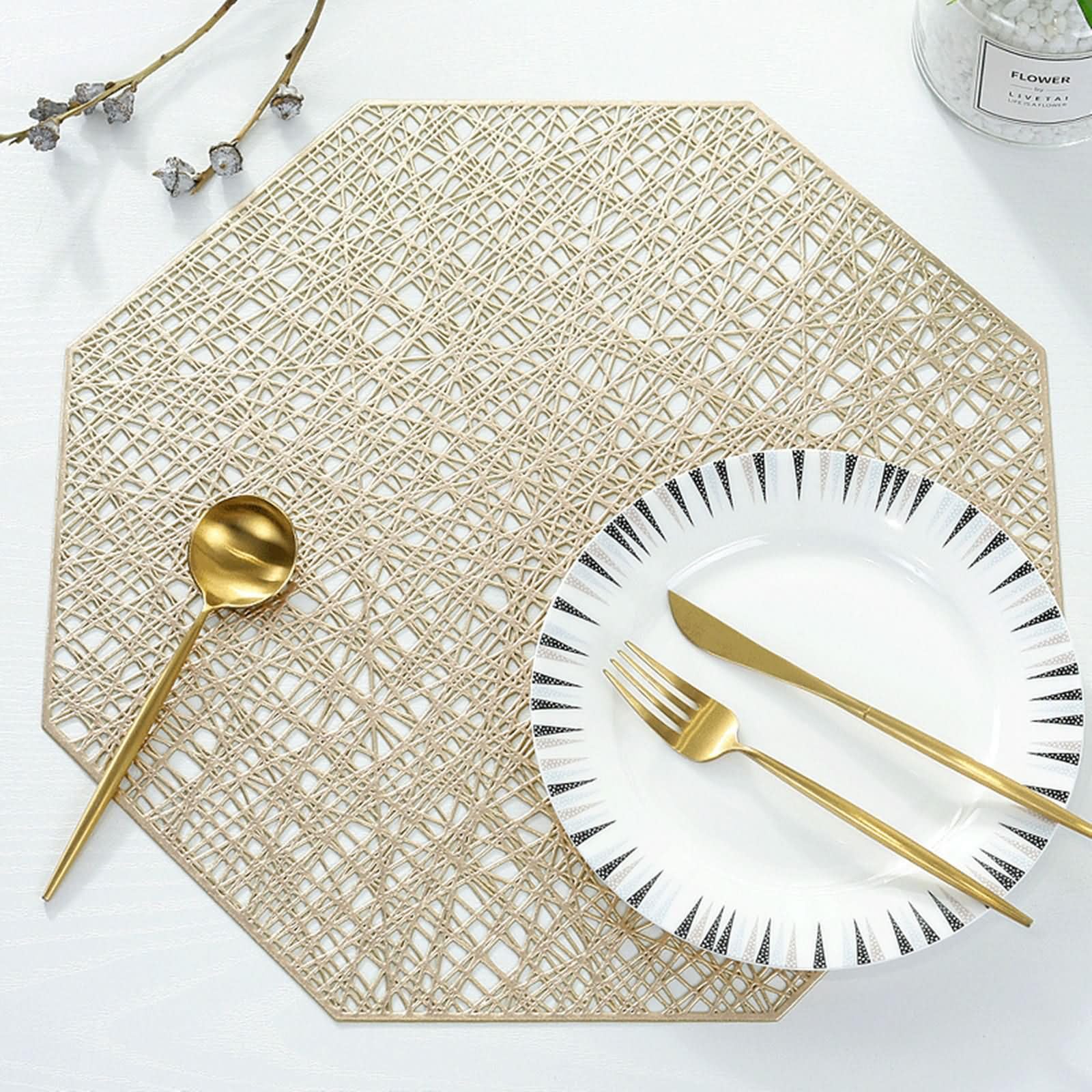 Sets de table de salle à manger dorés chic | Design octogonal de qualité