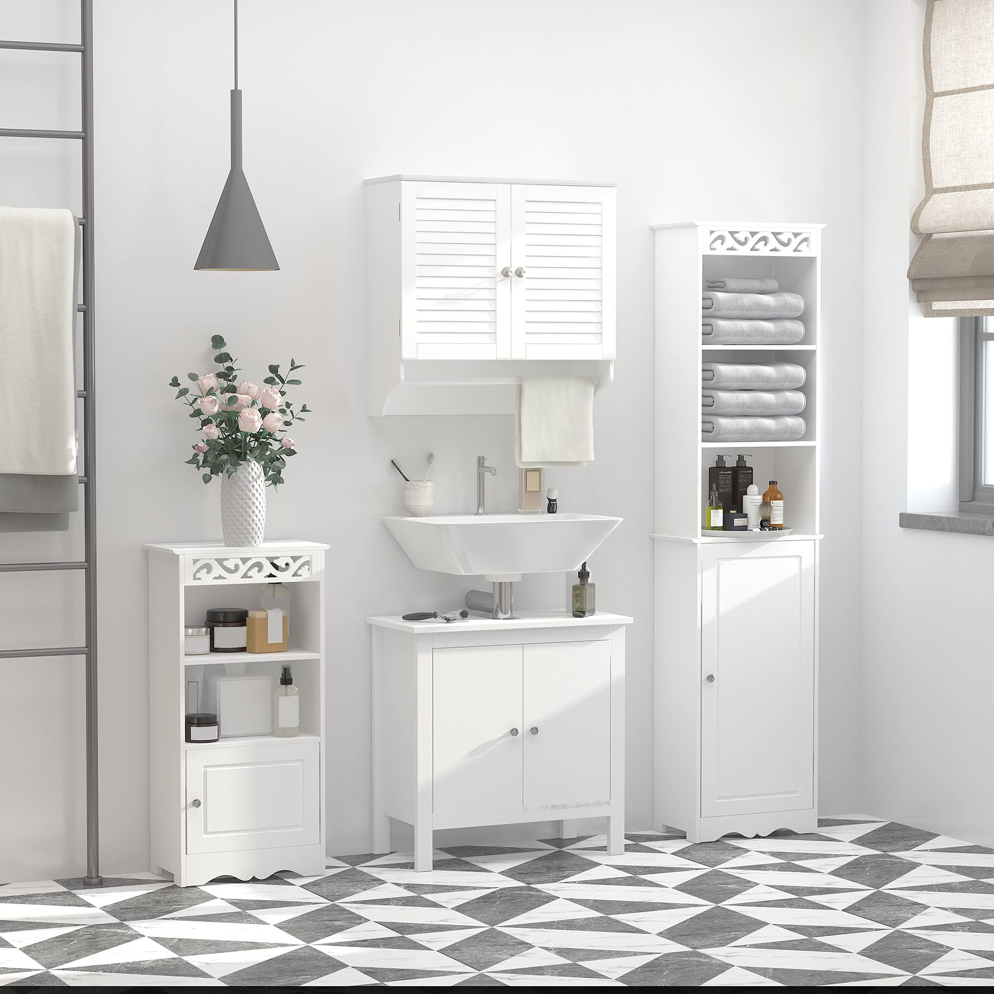 kleankin Armario Baño de Pared 2 Puertas de Persiana 60x23x60 cm Blanco | Estante Interior, Barra de Toallero, Mueble Auxiliar Suspendido, Moderno, Multiusos para Cocina