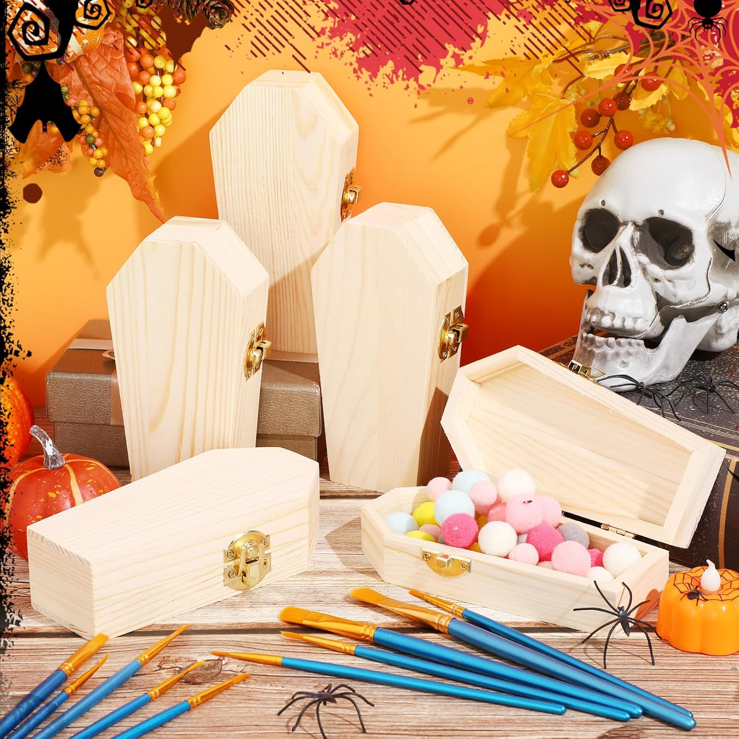 Sintuff 12 Pieces Unfinished Wooden Boxes with 10 Art Brushes 6 Inch Unfinished Wood Coffin Box Treasure Chest with Locking Clasp for Home Party Decoration DIY Crafts Jewelry Box