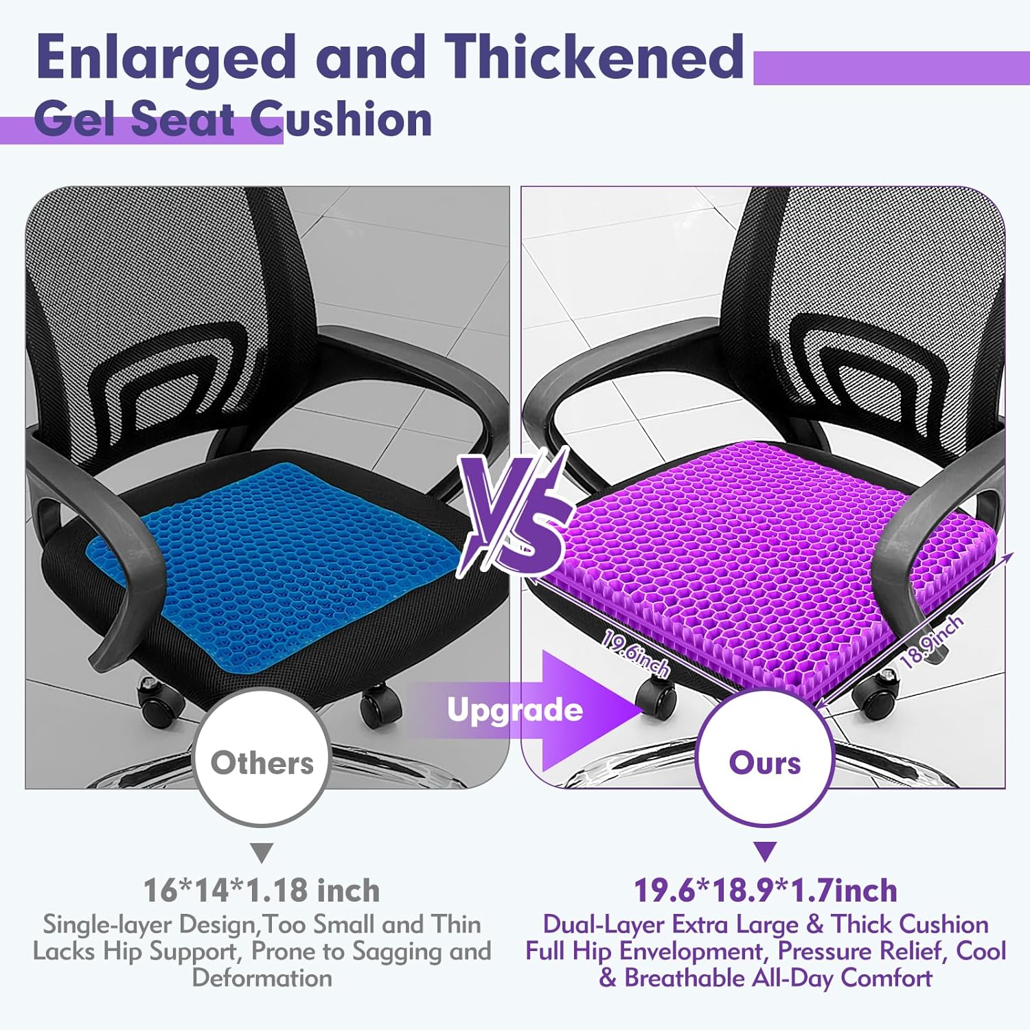 Plus Size Gel Cushion for Long Sitting, Breathable Honeycomb Pressure Relief Pad for Office Chair, Car & Wheelchair (Plus Size - Light purple-01)