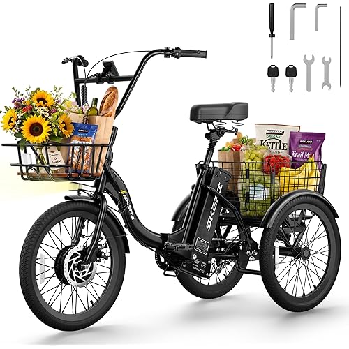Skeri Electric Trike, Peak 1000W Electric Tricycle for Adults, 20" Folding 3-Wheel Electric Bike, Step-Thru E Trike with 624WH Removable Battery and Large Basket, Black