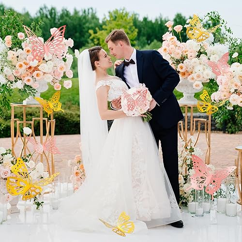 Vista 30 de Yeaqee Juego de 24 piezas de decoración de pared de mariposas grandes en 3D, 2 tamaños y 3 estilos, calcomanías grandes para cumpleaños, baby Dorado