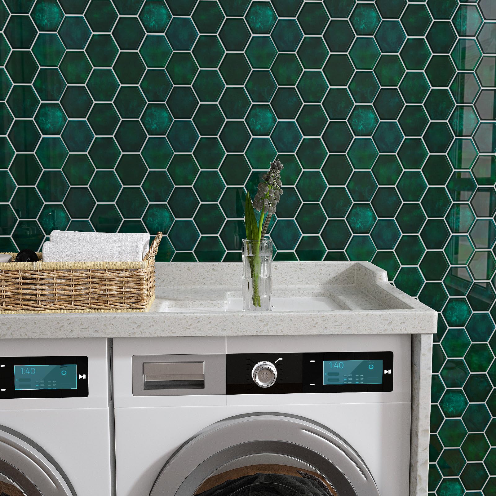VaryPaper Adhesivo para azulejos, mármol verde oscuro, 30,5 cm x 30,5 cm, 18 unidades, para cocina y baño, resistente al agua, 3D, paneles de pared