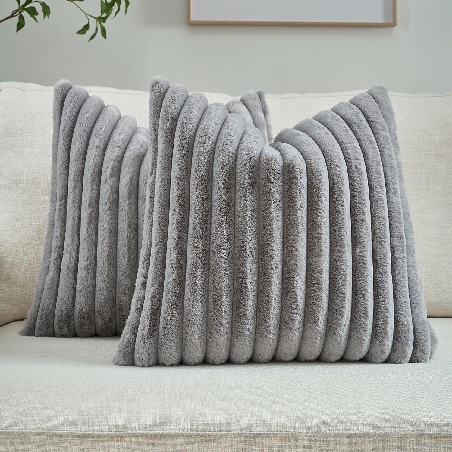 FUTEI Grey Decorative Throw Pillow Covers Set of 2, 18x18 Inch Soft Fluffy Faux Fur Plush Striped Cushion Cases, Modern Home Decor for Couch Bed Living Room
