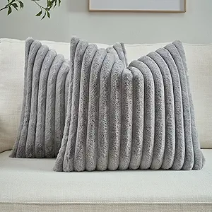 FUTEI Grey Striped Decorative Throw Pillow Covers 16x16 Inch Set of 2,Square Fall Decorations Couch Pillow Case,Soft Cozy Faux Rabbit Fur & Velvet Back,Modern Home Decor for Bed