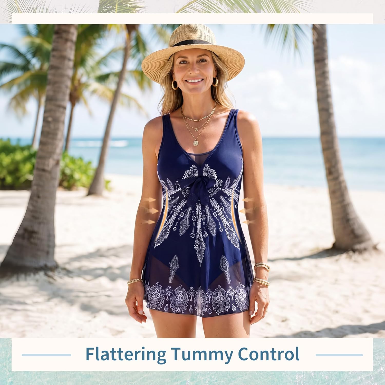 Women's Tummy Control Swimdress One Piece Swimsuits Modest V-Neck Mesh Bathing Suits with Built-in Bottom