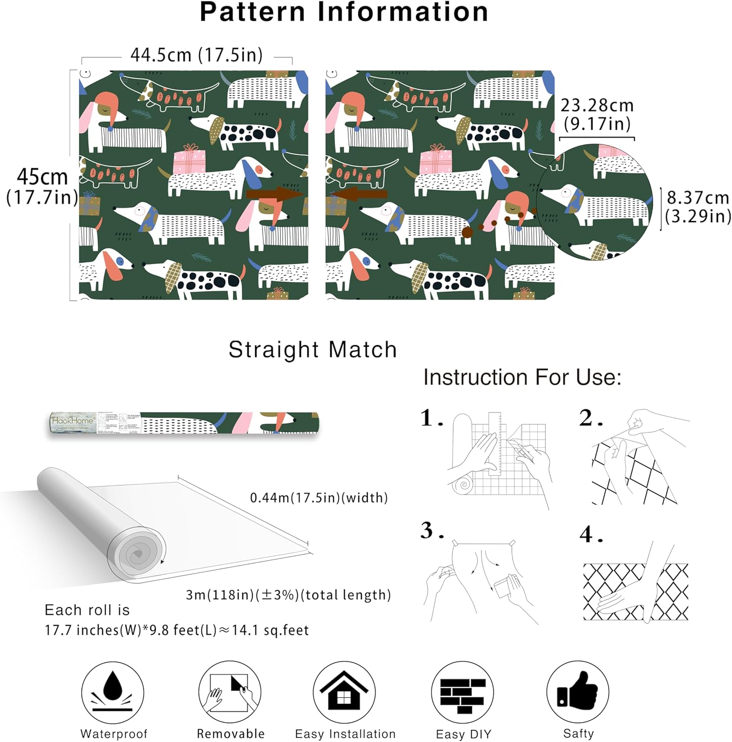 HAOKHOME Dog Peel and Stick Wallpaper Kids Nursery Wall Paper Cartoon Cute Dachshund for Playroom Bedroom Accent Wall Contact Paper Green/White 17.3in x 9.8ft