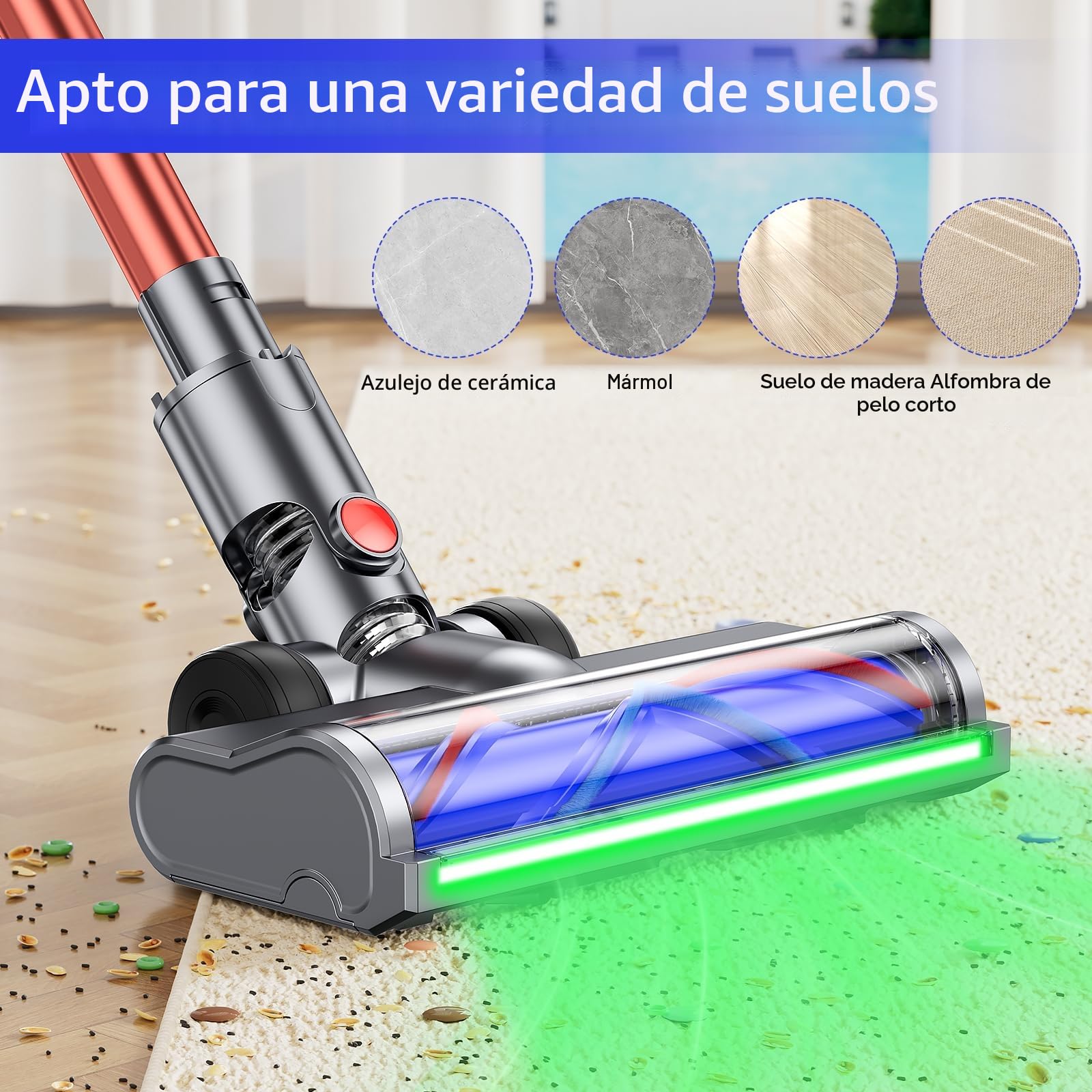 Cepillo eléctrico compatible con Dyson V6 Animal, V6 Fluffy, DC58, DC59, DC61, DC62, DC74, accesorio para cepillo turbo con sujetador rápido para suelos duros y alfombras con luces LED, accesorio para