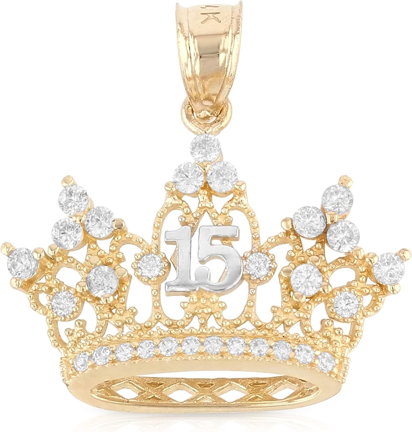 Ioka - 14K Yellow Gold 15 Years Quinceanera Princess Crown or Tiara CZ Charm Small Pendant For Necklace or Chain