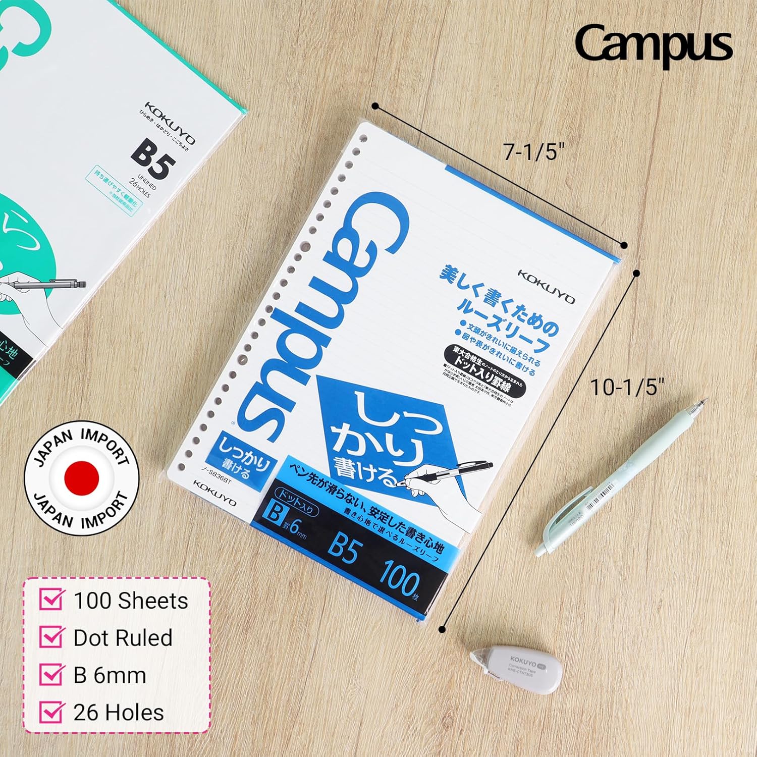 Kokuyo Campus Loose Leaf Paper for Binders, Shikkari Firm Writing, B5, B 6mm Ruled, 26 Holes, 36 Lines, 100 Sheets, pH Neutral, Bleed Resistant, 77gsm, Pack of 5, Japan Import (NO-S836B)