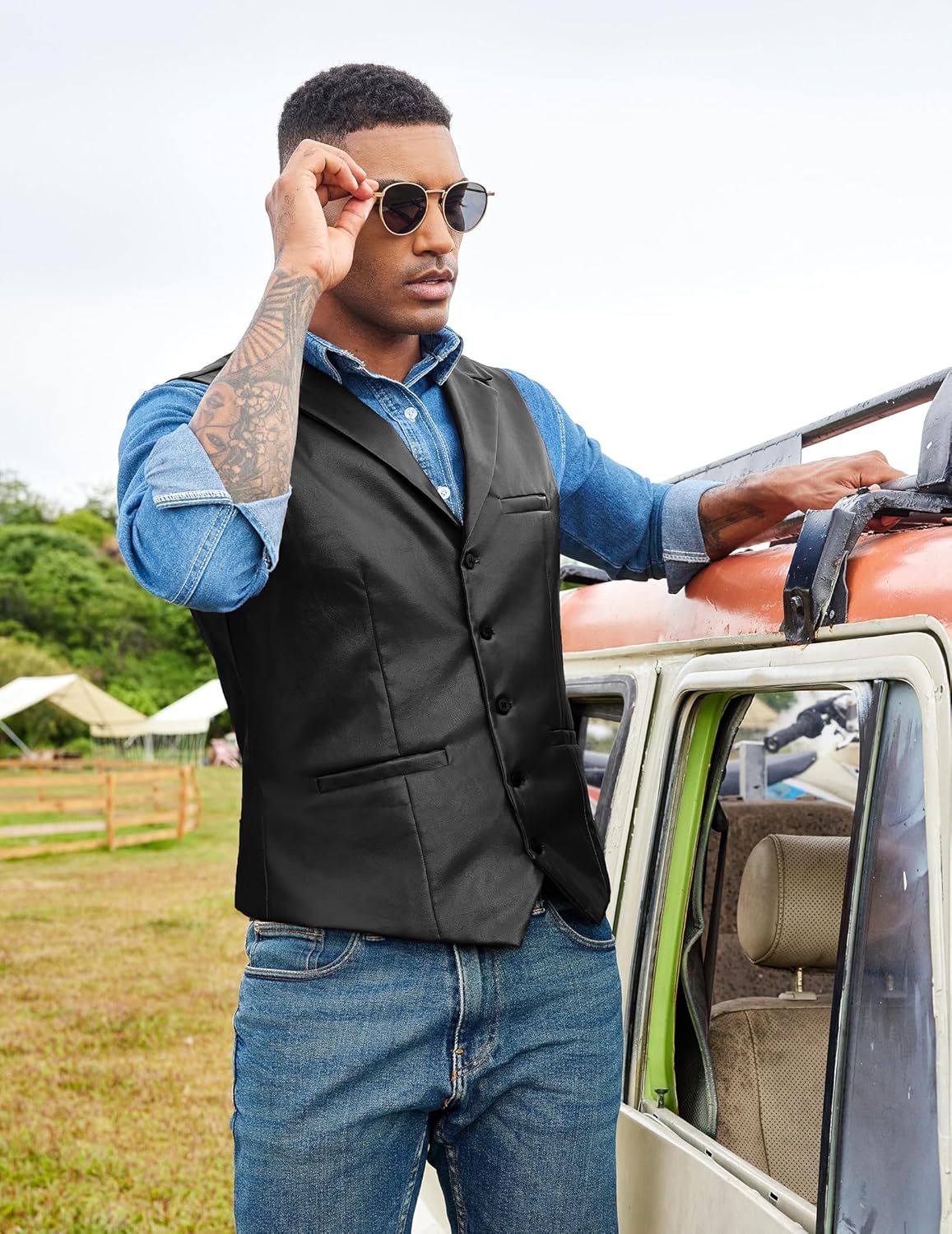 COOFANDY Men's Leather Suit Vest Slim Fit Casual Western Vest Jacket Lightweight V-Neck Dress Waistcoats - Image 4