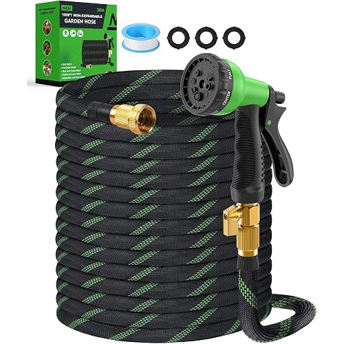 100ft Garden Hose, Non-Expandable Water Hose with 8 Function Spray Nozzle, Lightweight, Knik-Free, Burst-Resistant, Durable & Flexible 3/4" Garden Hose for Lawn, House Cleaning, Car Washing