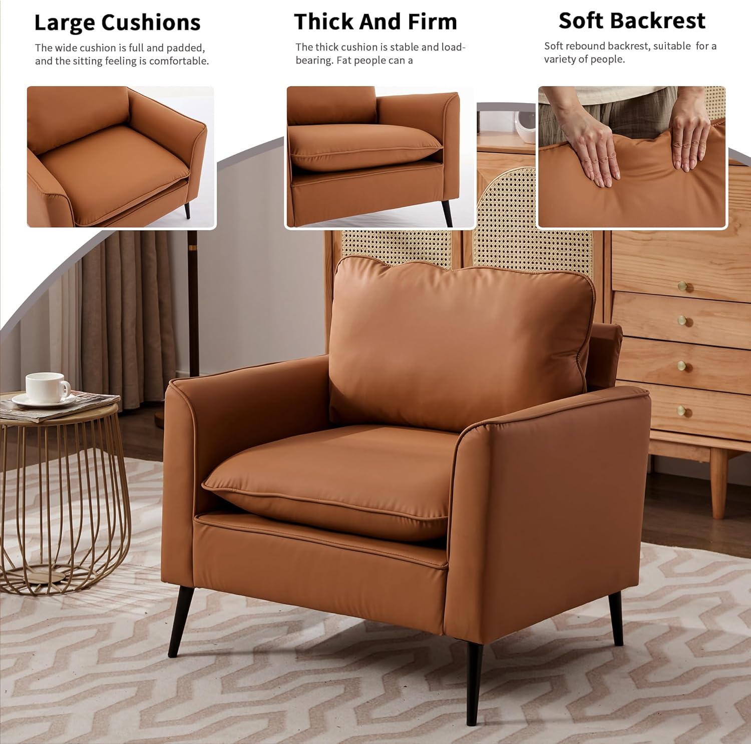 YISHENG Mid-Century Modern Living Room Accent Chairs Set of 2 - Oversized Faux Leather Armchairs with Removable Cushions & Metal Legs, Comfortable Sofas for Office/Lounge/Bedroom/Reception,（Brown）