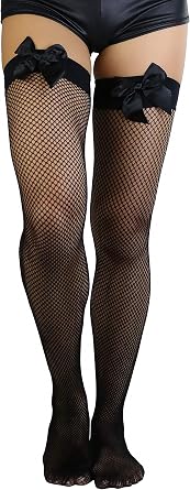 ToBeInStyle Womens Satin Bow Detail Fishnet Thigh Highs