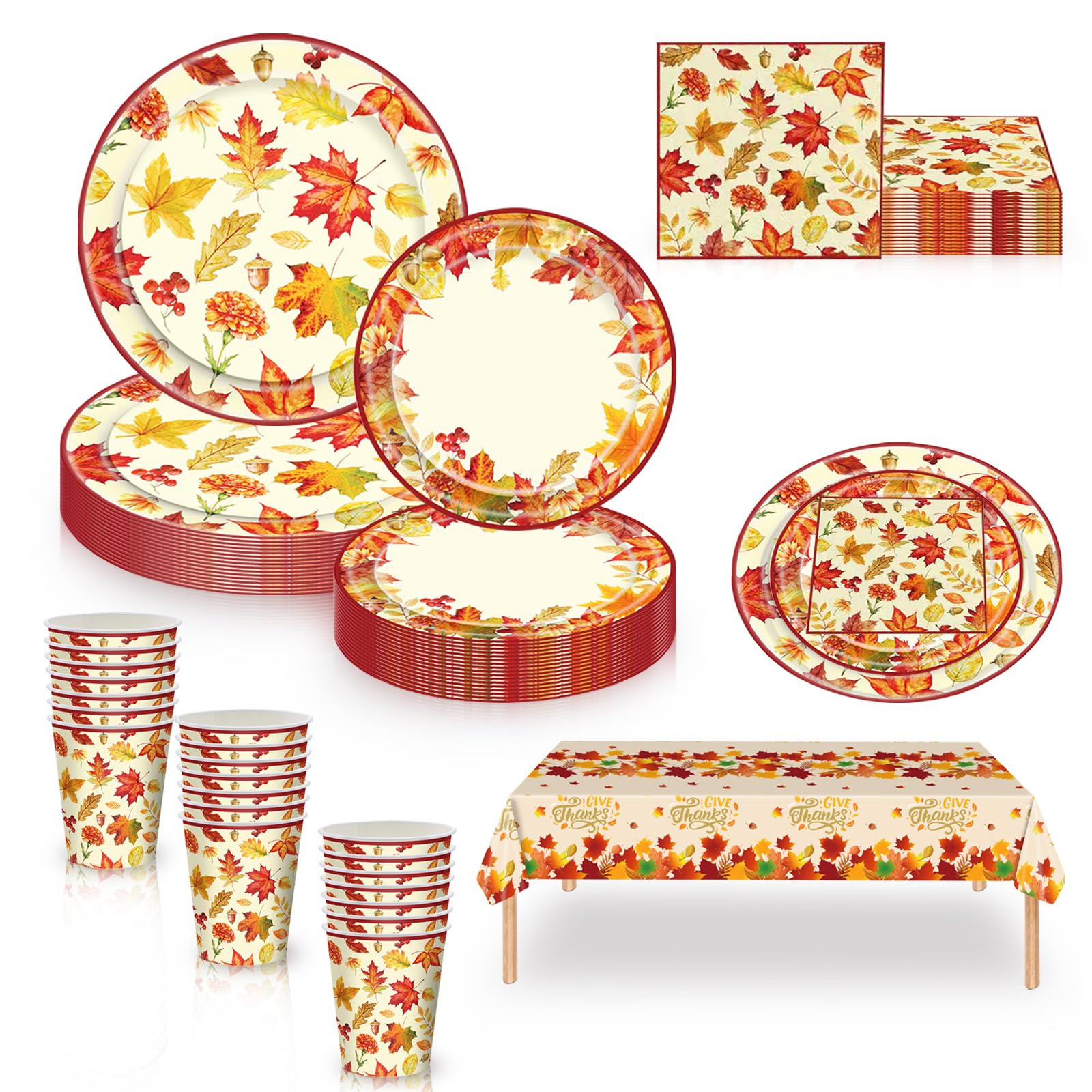 69Pcs Thanksgiving Tableware Harvest Fall Theme Party Supplies, Orange Maple Leaf Dinnerware Set with Paper Plates,Cups,Napkins,Table Cloth for Thanksgiving Fall Autumn Party Table Decorations